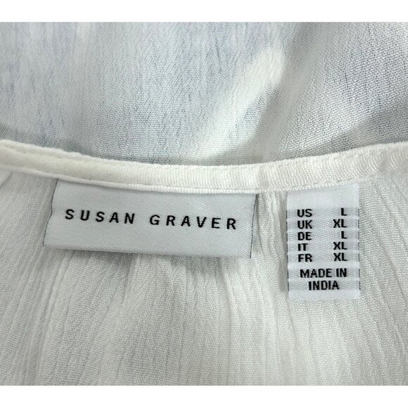 Susan Graver Tunic Top L White Blue Embroidered Boho Cottage V-Neck Rope Tassels - Picture 5 of 11